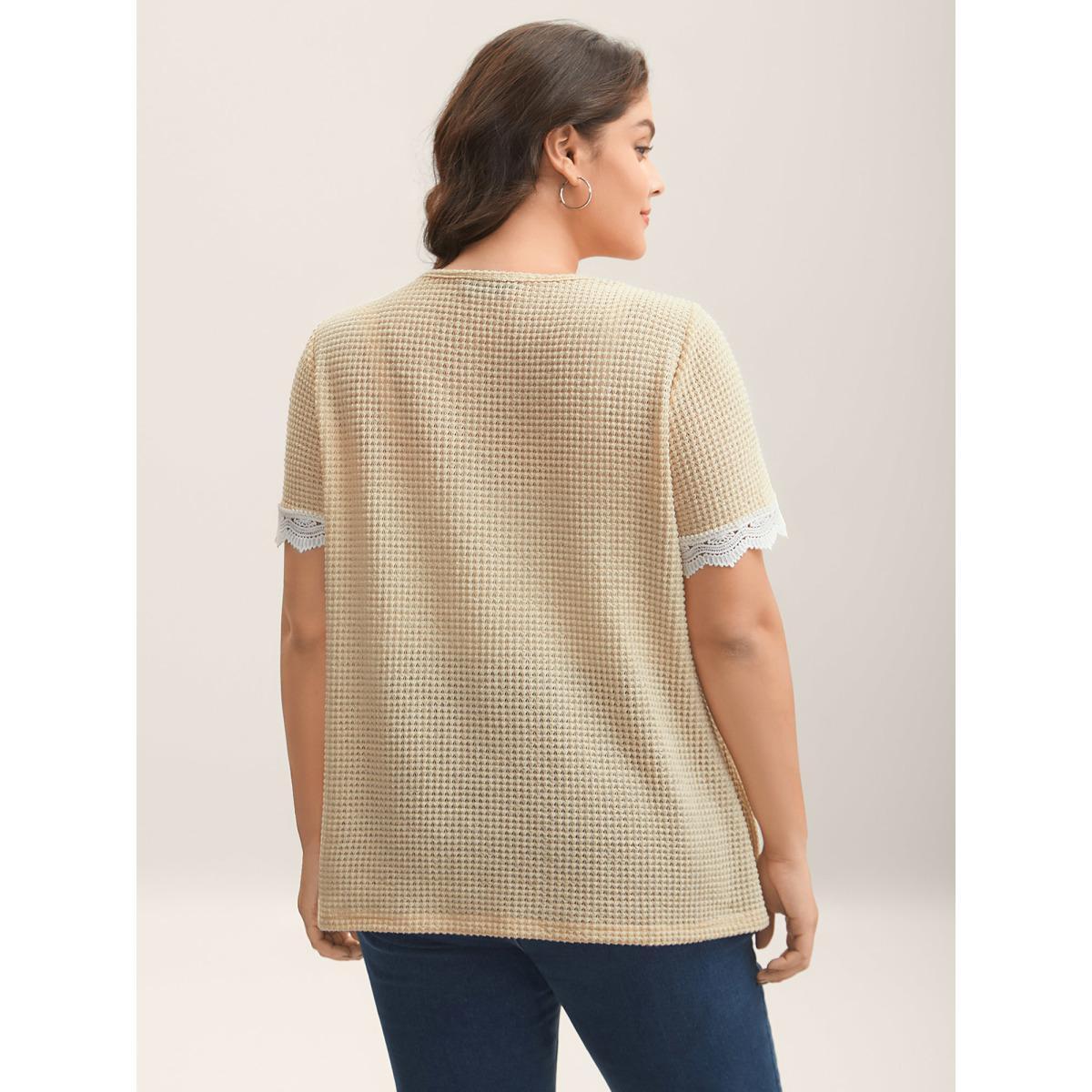 Plus Size Sheer Waffle Textured Lace Trim T-Shirt Beige Women Woven ribbon&lace trim V-neck Everyday-Casual T-shirts BloomChic 10/M Product Image
