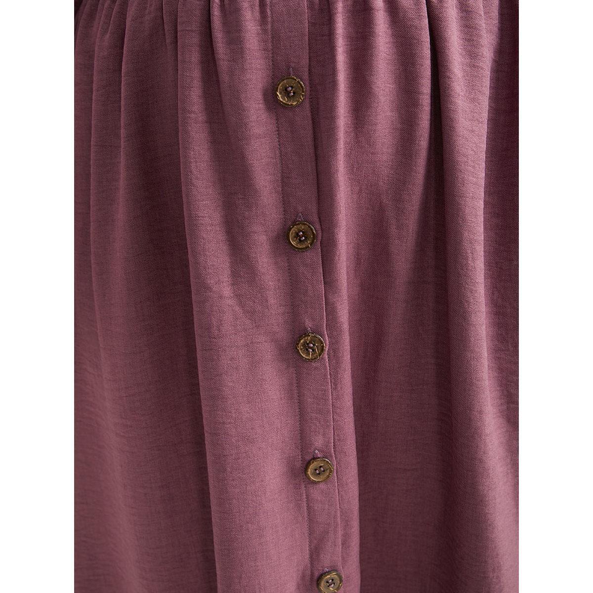 Plus Size Twill Gathered Button Detail Lantern Sleeve Dress DustyPink Women Casual Elastic cuffs V-neck Long Sleeve Curvy Midi Dress BloomChic 22-24/3X Product Image