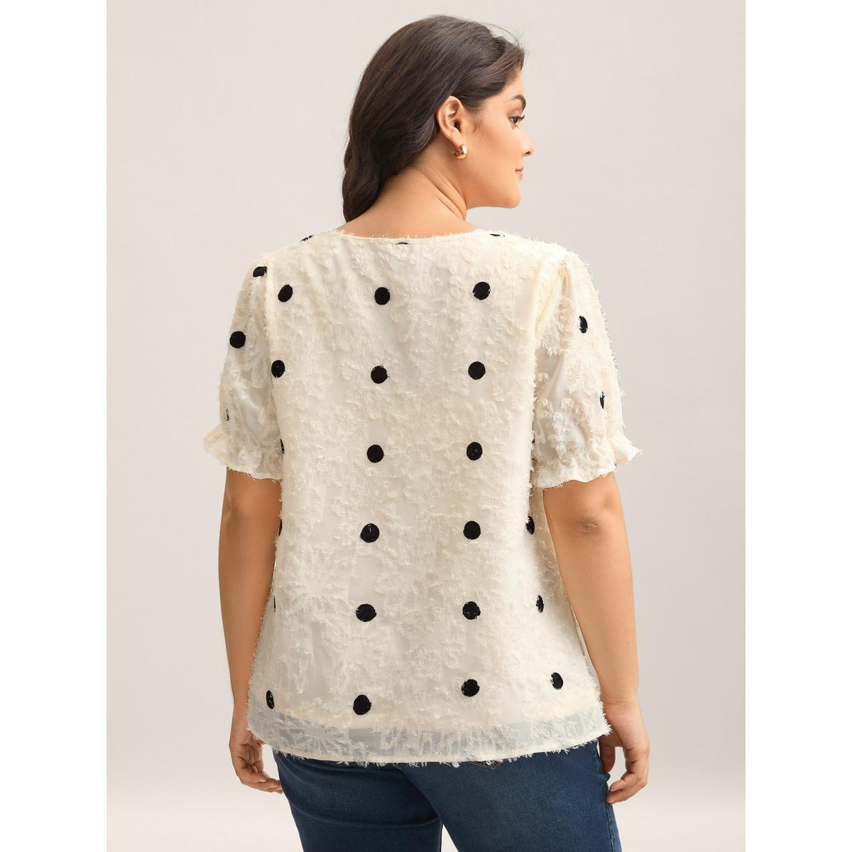 Plus Size Beige Textured Dots V-Neck Puff Sleeve Blouse Women Short sleeve V-neck Everyday-Elegant Blouses BloomChic 12/L Product Image