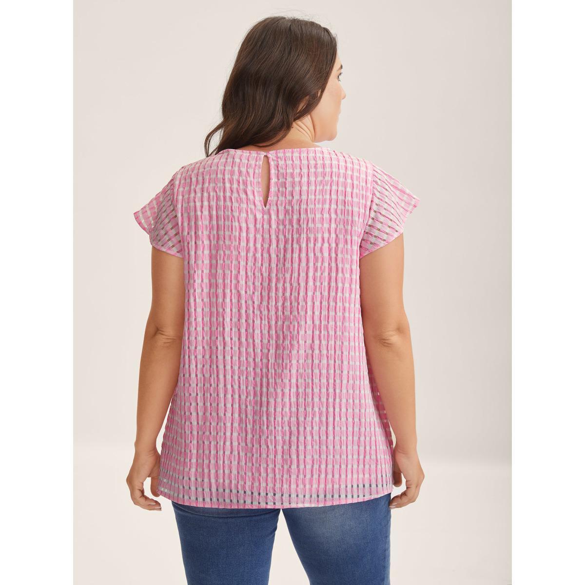 Plus Size Peach Textured Sheer Lined Flutter Sleeve Blouse Women Cap Sleeve Round Neck Everyday-Casual Blouses BloomChic 26/4X Product Image