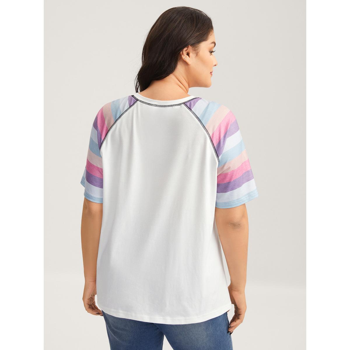Plus Size Colorful Stripes Raglan Sleeve T-Shirt Originalwhite Women Topstitching Round Neck Everyday-Casual T-shirts BloomChic 28/5X Product Image