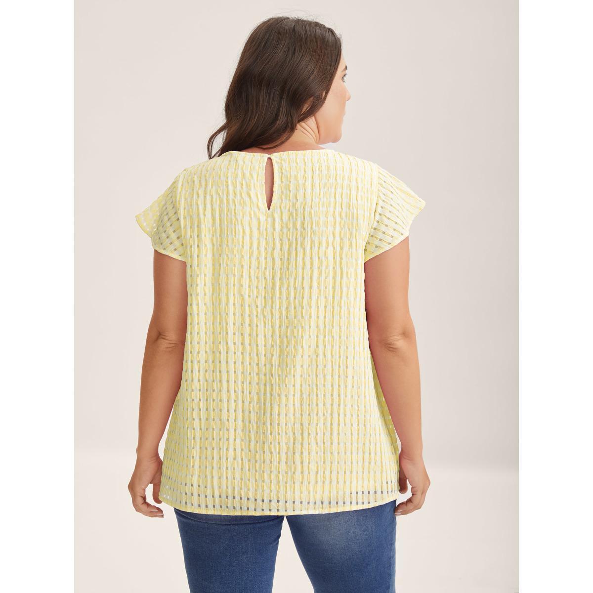Plus Size Lightyellow Textured Sheer Lined Flutter Sleeve Blouse Women Cap Sleeve Round Neck Everyday-Casual Blouses BloomChic 30/6X Product Image