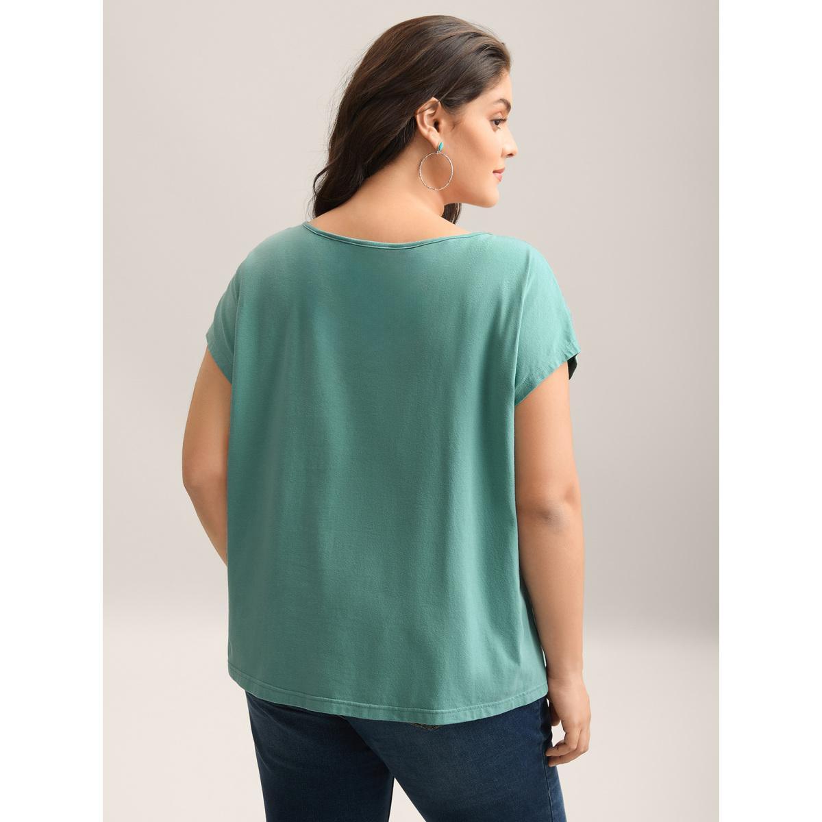Plus Size Pure Cotton Waist-Tie Plain T-Shirt Turquoise Women Drawstring Boat Neck Vacation T-shirts BloomChic 26/4X Product Image