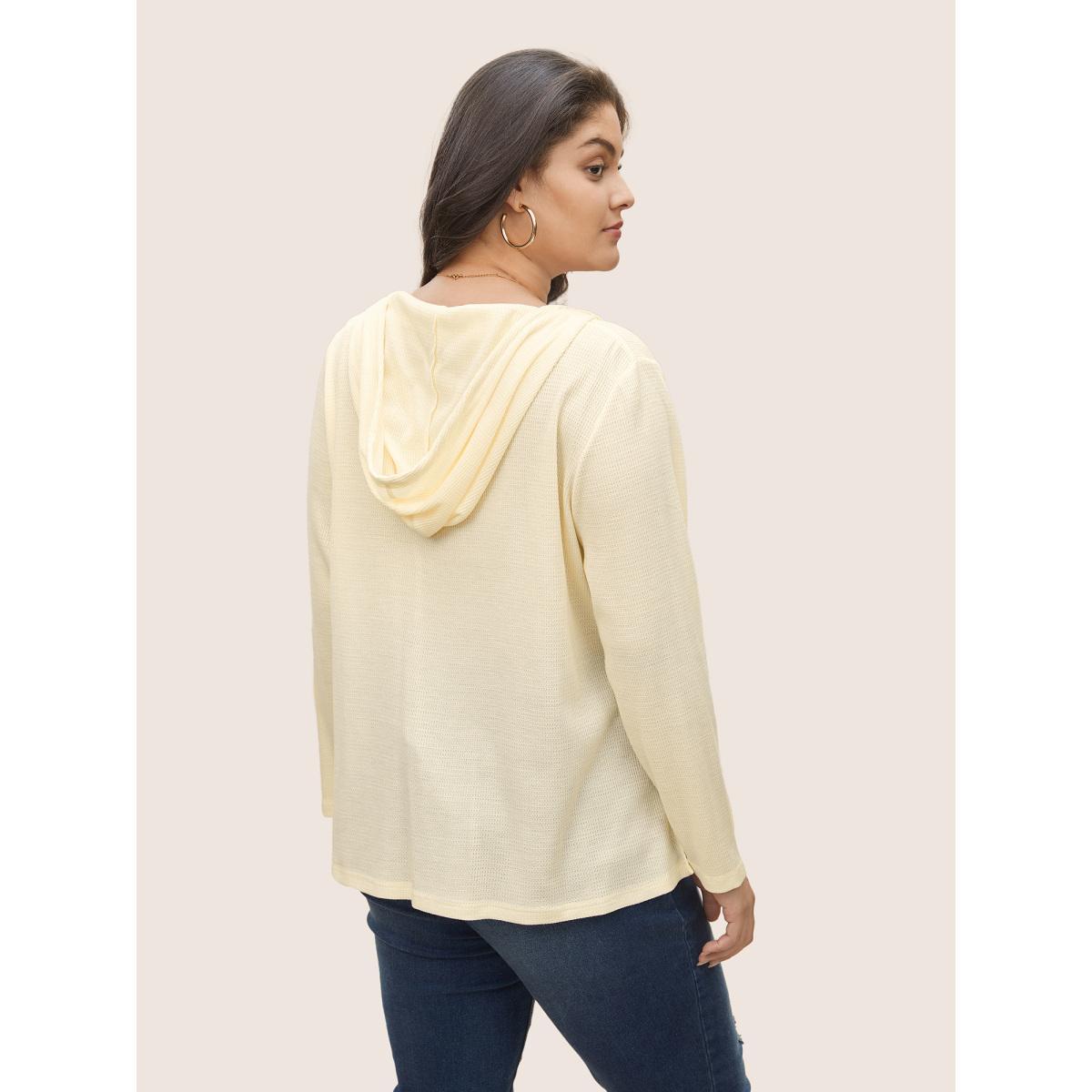 Plus Size Plain Waffle Knit Tassel Trim Hooded Sweatshirt Women Beige Casual Tassels V-neck Everyday Sweatshirts BloomChic 18-20/2X Product Image