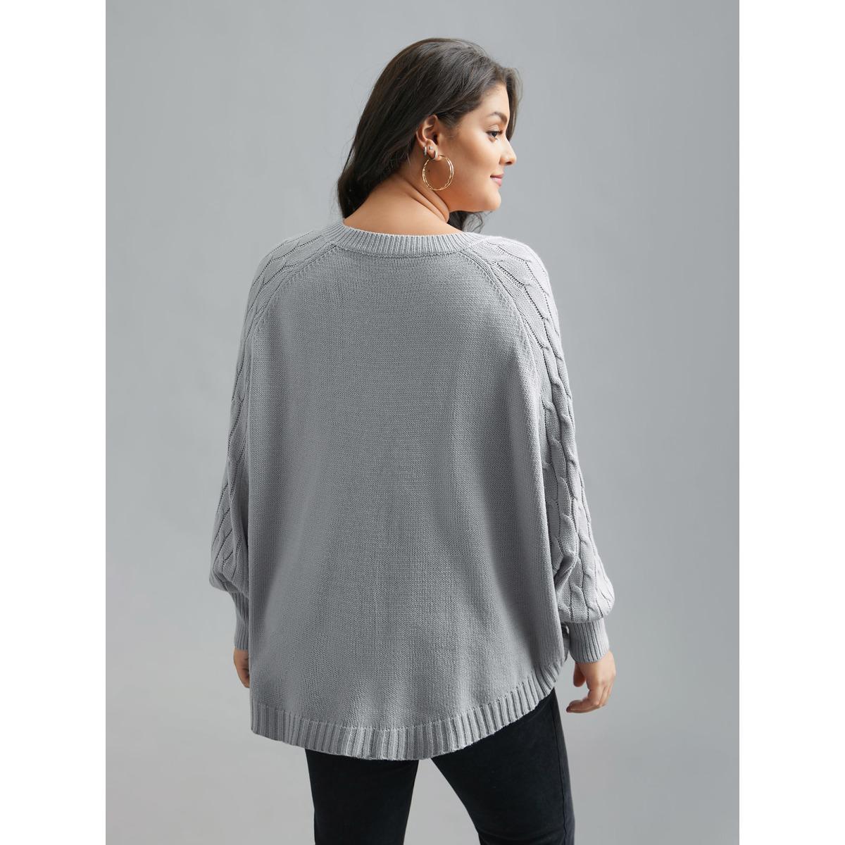 Plus Size Cable Knit Dolman Sleeve Curved Hem Pullover LightGray Women Casual Loose Long Sleeve Round Neck Everyday Pullovers BloomChic 28/5X Product Image
