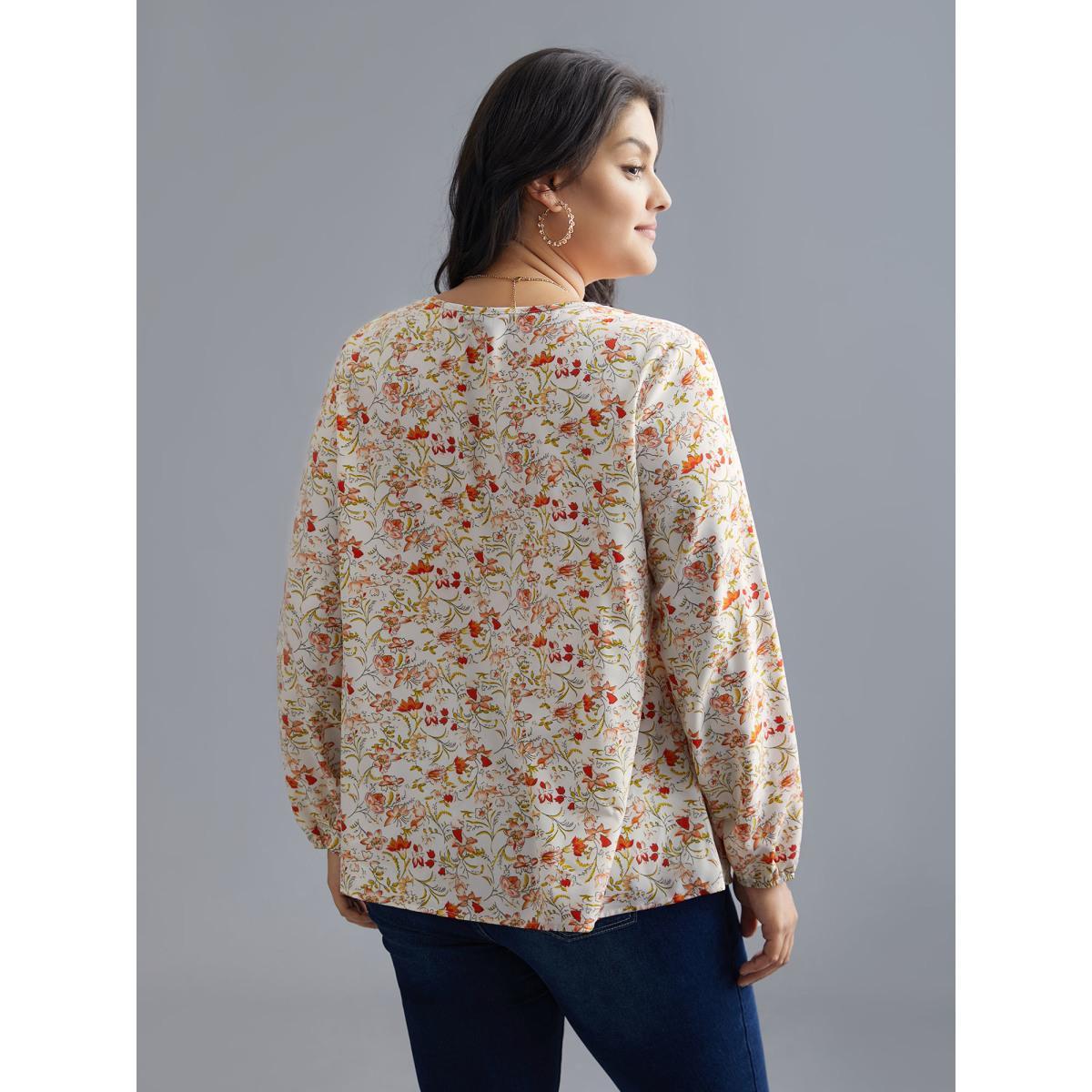 Plus Size Multicolor V Neck Ditsy Floral Contrast Webbing Blouse Women Elegant Long Sleeve V-neck Everyday Blouses BloomChic 12/L Product Image