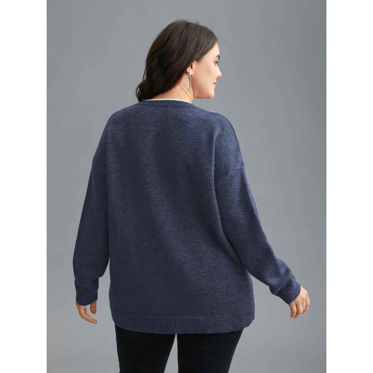 Plus Size Floral Textured Crew Neck Pullover Indigo Women Casual Loose Long Sleeve Round Neck Everyday Pullovers BloomChic 22-24/3X Product Image