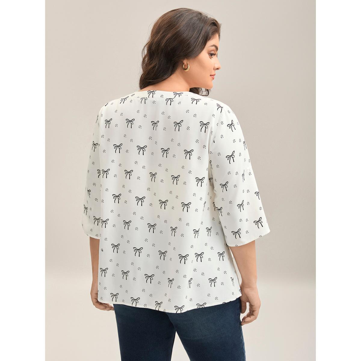 Plus Size Originalwhite Bow Fun Print Notched Collar Shirt Women Elbow-length sleeve Notched collar Work Blouses BloomChic 14-16/1X Product Image