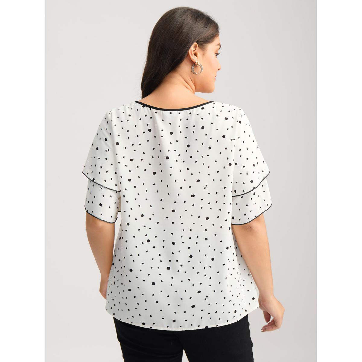 Plus Size Originalwhite Polka Dots Contrast Layered Sleeve Blouse Women Short sleeve Round Neck Work Blouses BloomChic 12/L Product Image