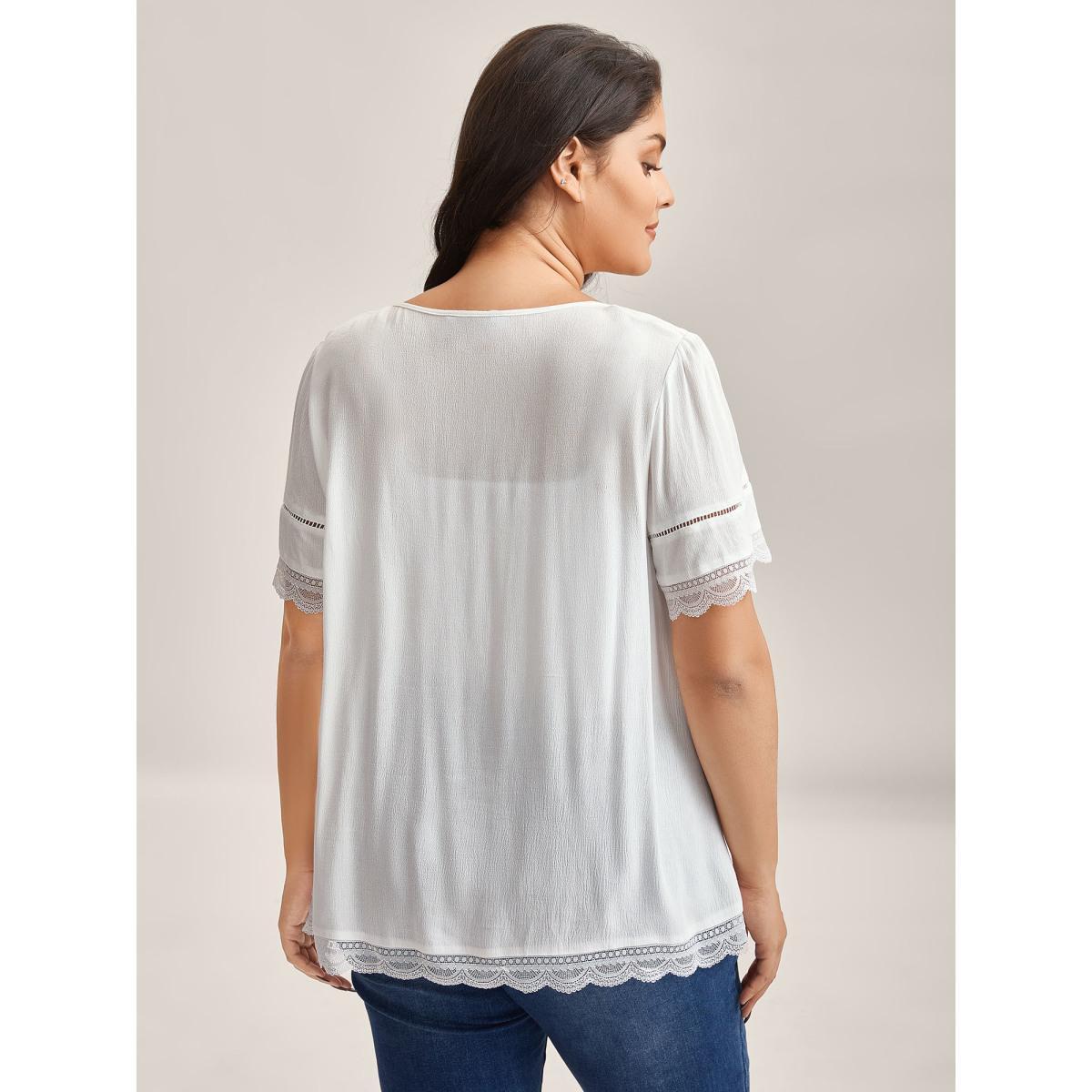 Plus Size WhiteSmoke Rayon Flowy Lace Trim Solid Blouse Women Short sleeve Heart neckline Everyday-Casual Blouses BloomChic 28/5X Product Image