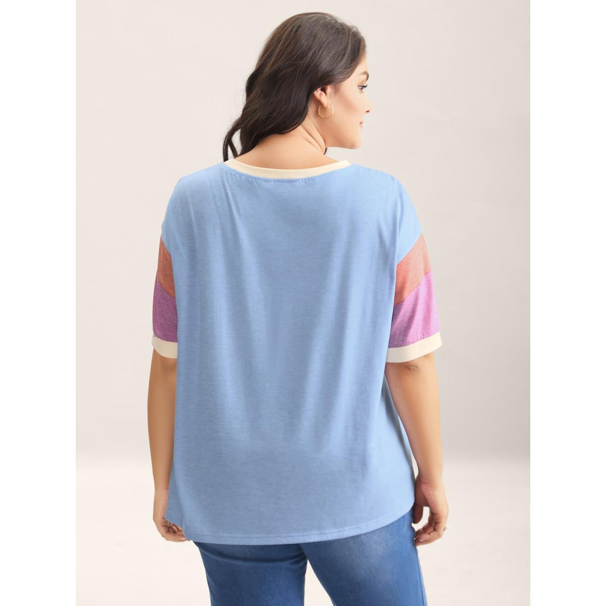 Plus Size Supersoft Stretchy Color Contrast T-Shirt LightBlue Women Contrast Round Neck Everyday-Casual T-shirts BloomChic 28/5X Product Image