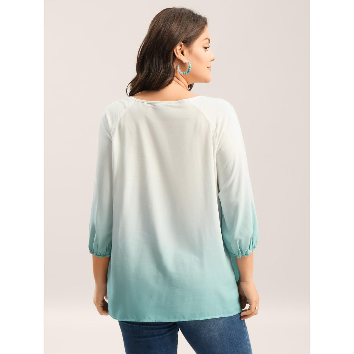 Plus Size Malachitegreen Tie-Dye Rayon Neck Tie Blouse Women Elbow-length sleeve V-neck Vacation Blouses BloomChic 30/6X Product Image