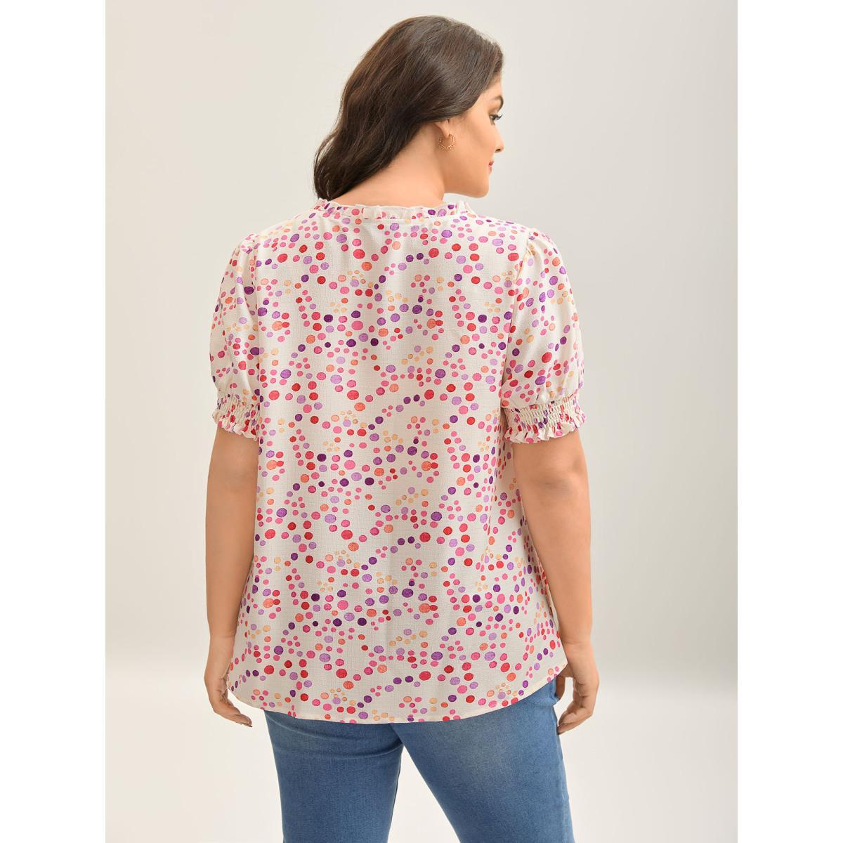 Plus Size Ivory Pretty Polka Dots Shirred Sleeve Shirt Women Short sleeve Notched collar Everyday-Elegant Blouses BloomChic 18-20/2X Product Image