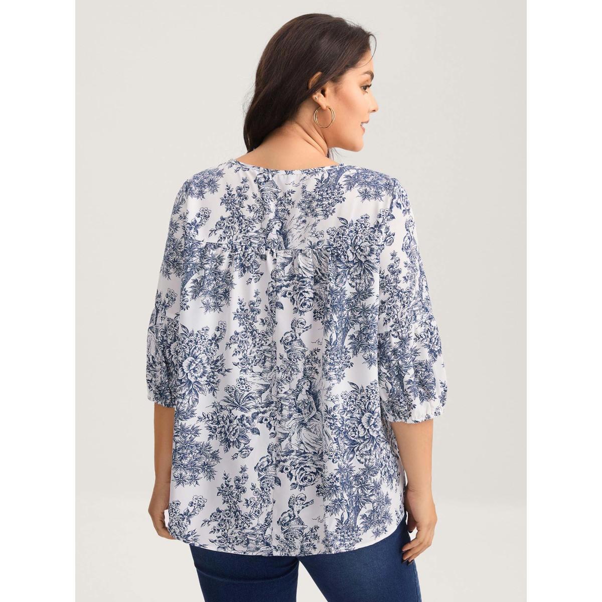 Plus Size DarkBlue Artistic Print A-Line Blouse Women Elbow-length sleeve V-neck Everyday-Elegant Blouses BloomChic 30/6X Product Image