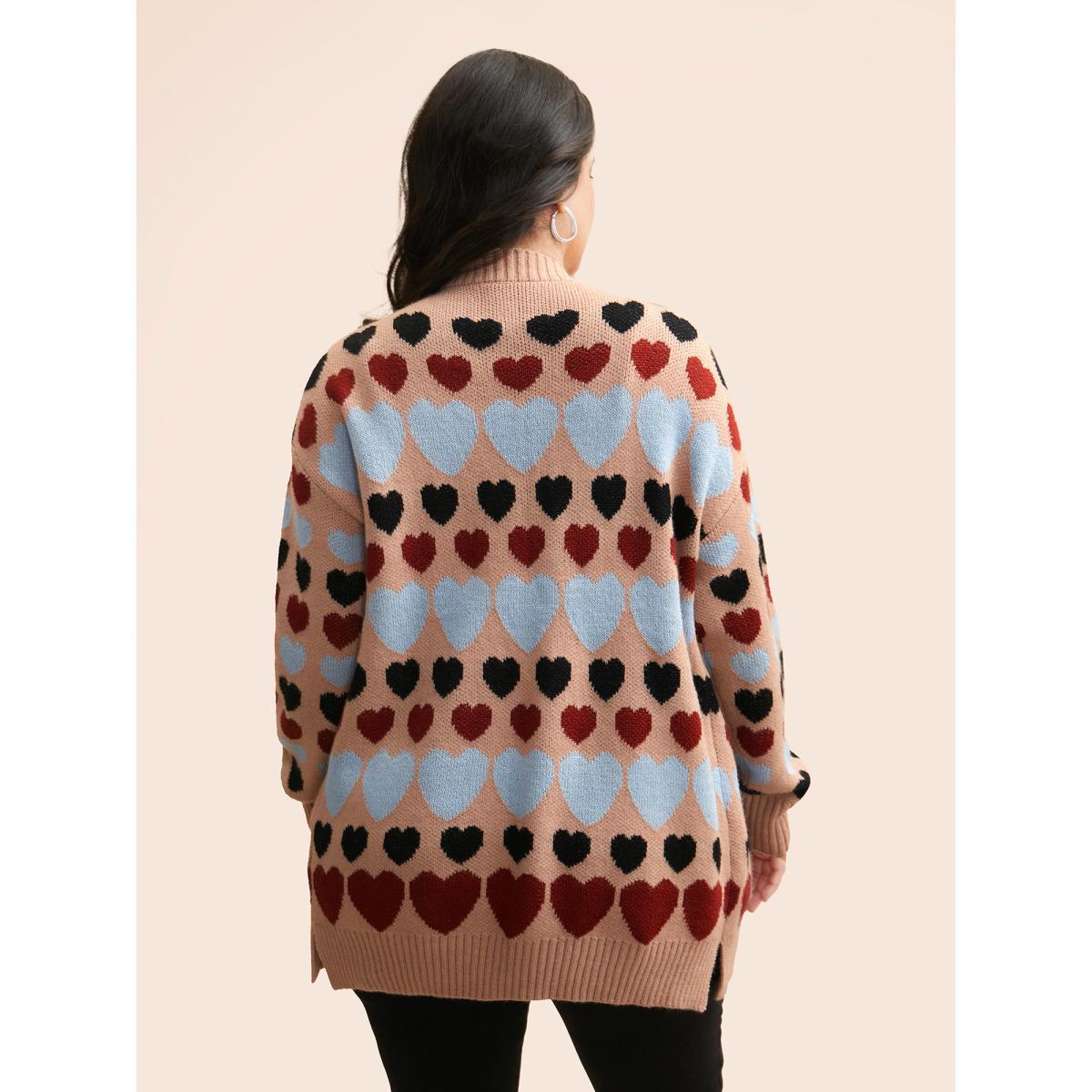Plus Size Contrast Heart Patch Pocket Cardigan Nudepink Women Casual Loose Long Sleeve Everyday Cardigans BloomChic 10/M Product Image