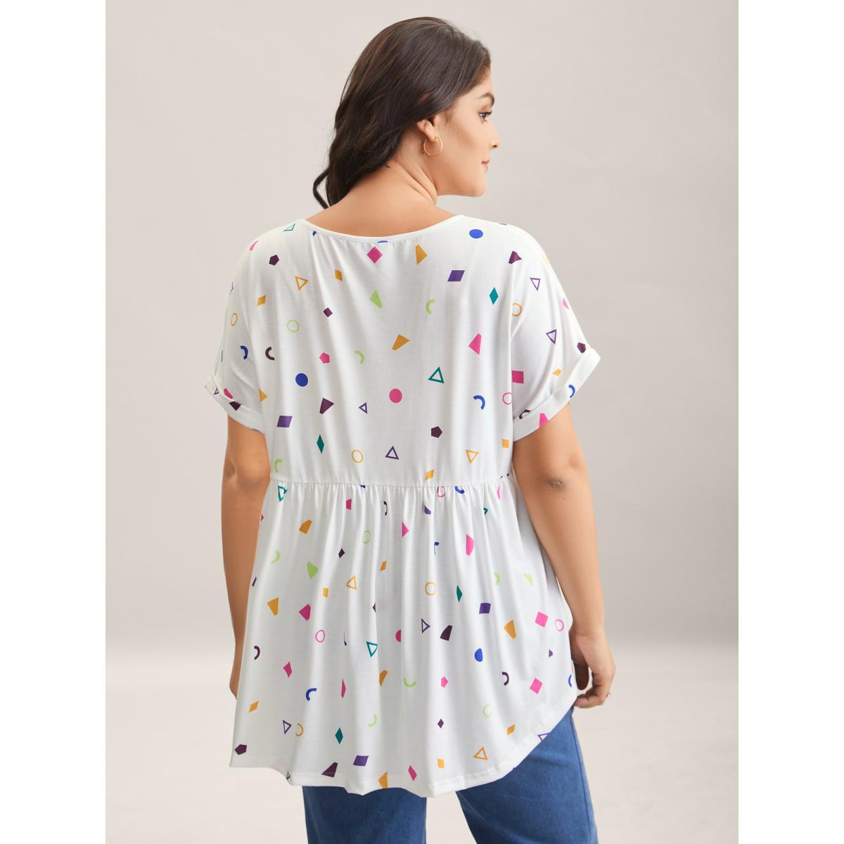 Plus Size Fun Geometric Print Babydoll Top Ivory Women Gathered Round Neck Everyday-Casual T-shirts BloomChic 30/6X Product Image