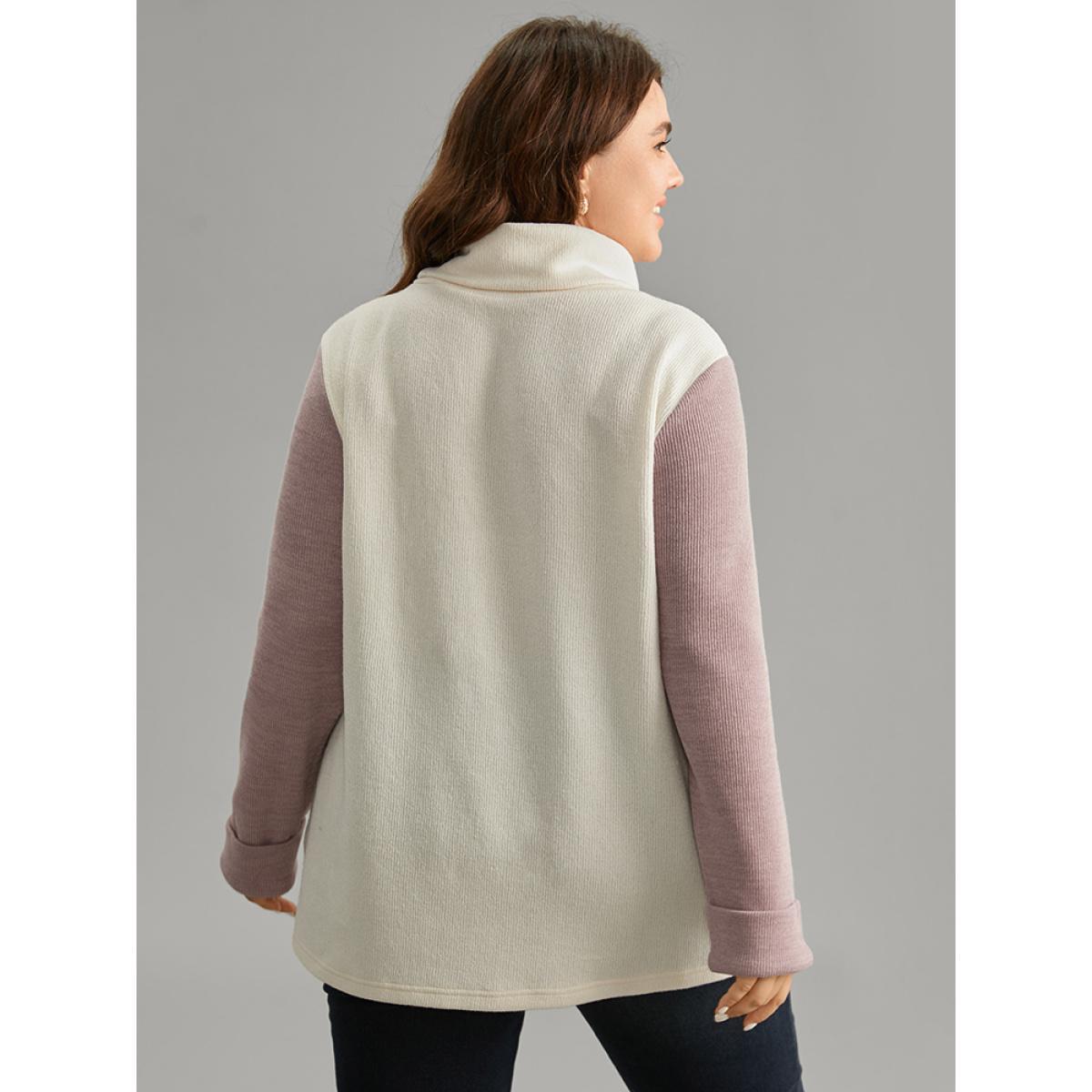 Plus Size Two Tone Turtle Neck Patchwork Sweatshirt Women White Casual Texture Turtleneck Dailywear Sweatshirts BloomChic 22-24/3X Product Image