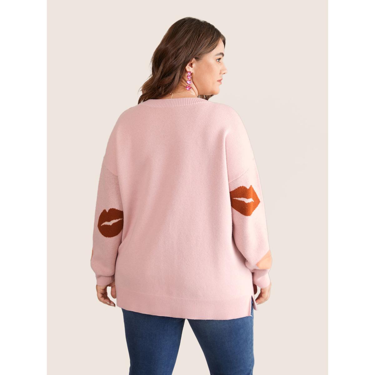 Plus Size Supersoft Essentials Lip Print Split Side Pullover Crepe Women Casual Long Sleeve V-neck Everyday Pullovers BloomChic 12/L Product Image