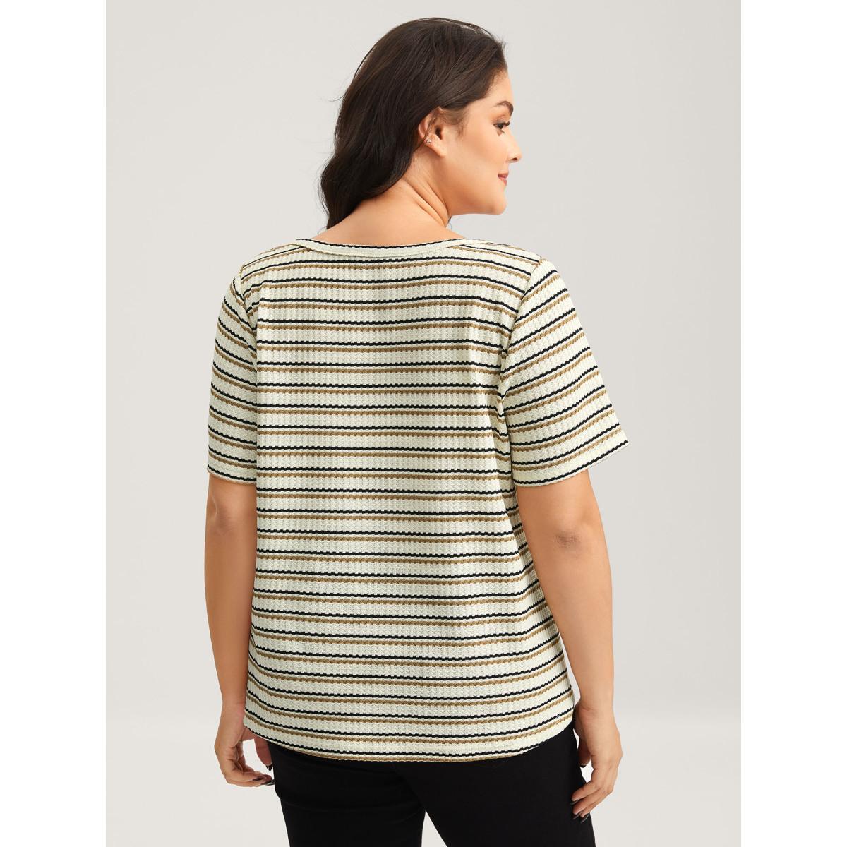 Plus Size Waffle Stripe Button Detail T-Shirt Apricot Women Texture V-neck Everyday-Casual T-shirts BloomChic 28/5X Product Image