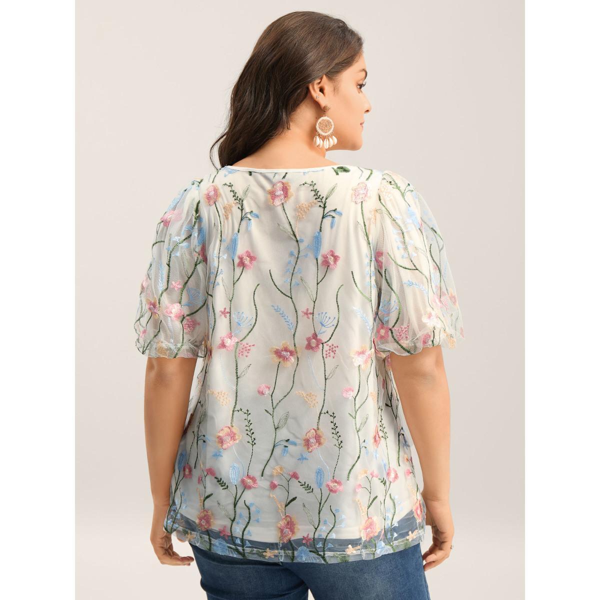Plus Size Originalwhite Floral Embroidered Mesh Bubble Sleeve Blouse Women Short sleeve Round Neck Vacation Blouses BloomChic 22-24/3X Product Image