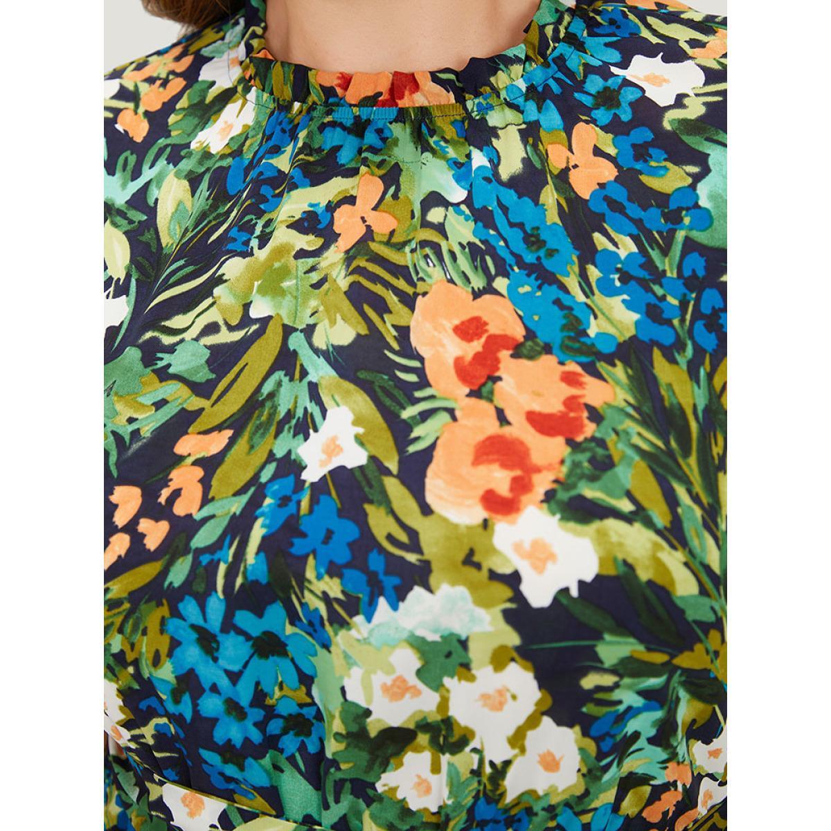 Plus Size Pixel Flower Ruffle Trim Pocket Belt Mock Neck Knee Dress Indigo Women Elegant Gathered Mock Neck Cap Sleeve Curvy Midi Dress BloomChic 14-16/1X Product Image