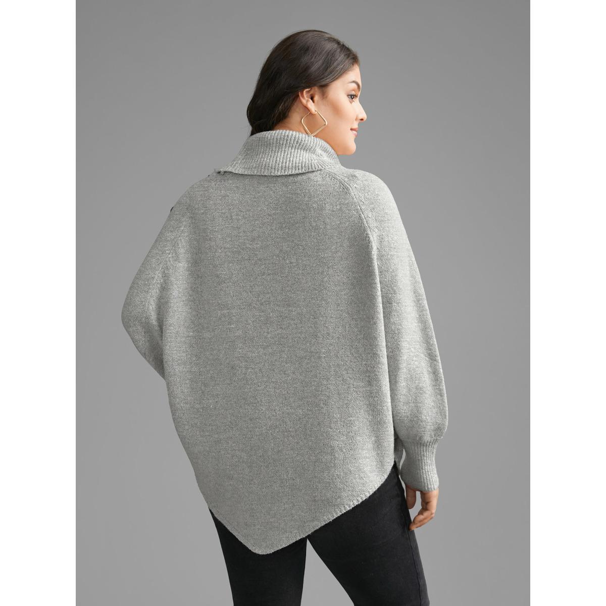 Plus Size Turtleneck Cable Knit Asymmetrical Hem Pullover LightGray Women Casual Loose Long Sleeve Ruffled collar Everyday Pullovers BloomChic 14-16/1X Product Image