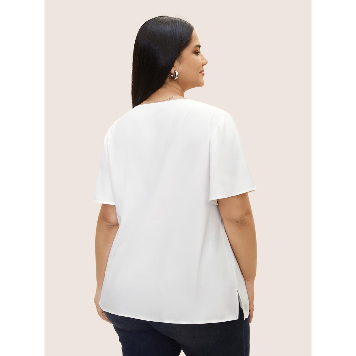 Plus Size WhiteSmoke Contrast Trim Pleated Flutter Sleeve Blouse Women At the Office Short sleeve V-neck Work Blouses BloomChic 22-24/3X Product Image