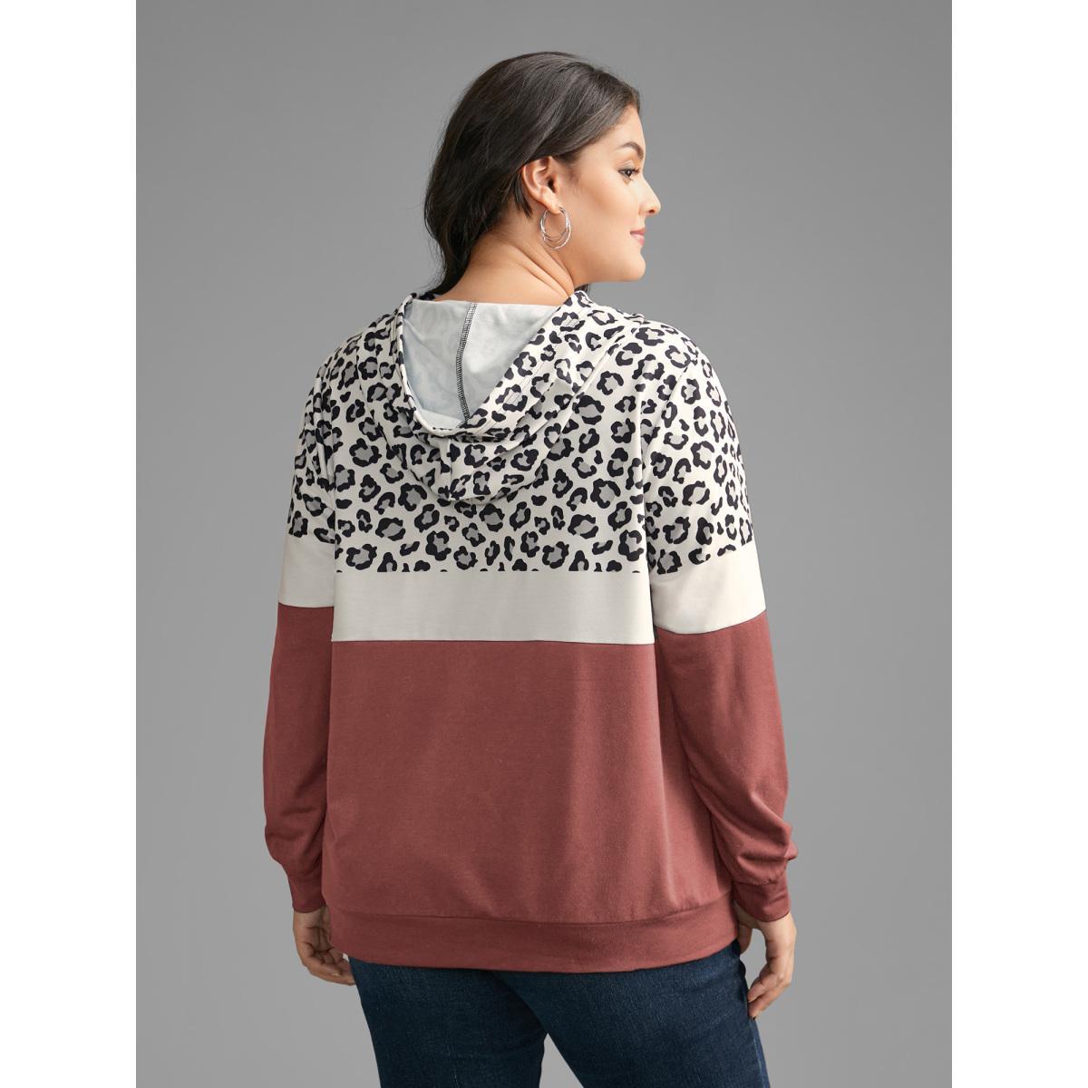 Plus Size Leopard Print Patchwork Contrast Drawstring Sweatshirt Women DustyPink Casual Contrast Hooded Everyday Sweatshirts BloomChic 30/6X Product Image