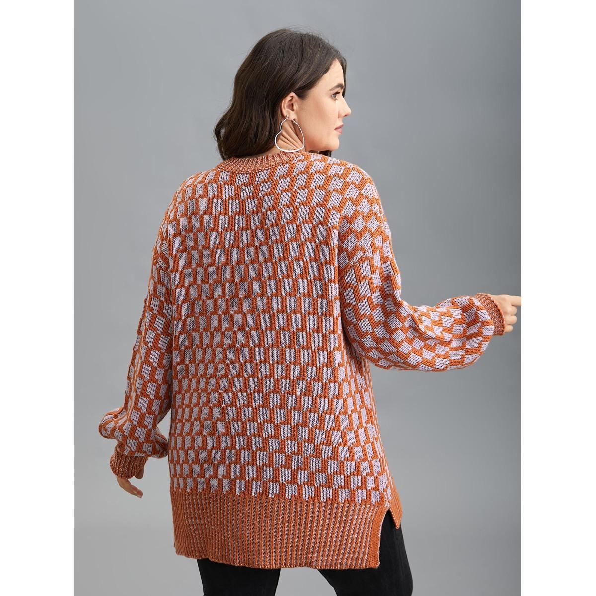 Plus Size Textured Color Contrast Side-Slit Pullover Brightorange Women Casual Loose Long Sleeve Round Neck Everyday Pullovers BloomChic 22-24/3X Product Image