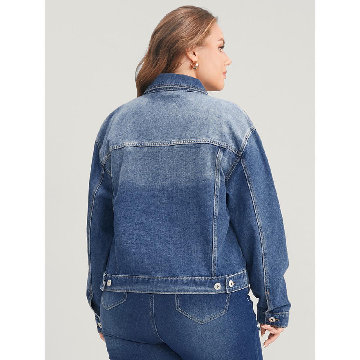 Women Solid Flap Pocket Button Front Dark Wash Denim Jacket Cerulean Plus Size Plain Dailywear Pocket Casual Denim Jackets BloomChic 18-20/2X Product Image