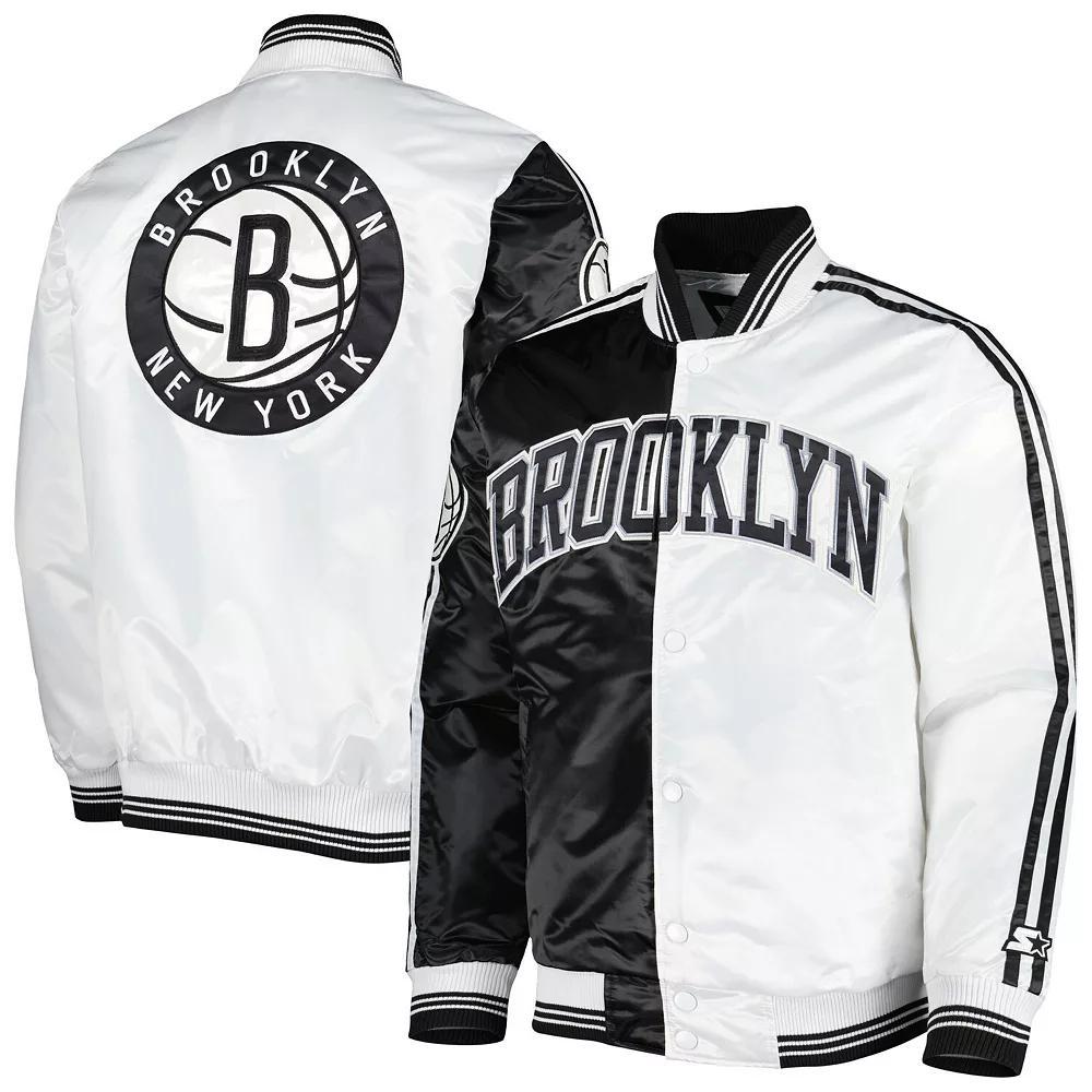 Men's Starter Black/White Brooklyn Nets Fast Break Satin Full-Snap Jacket, Size: XL Product Image