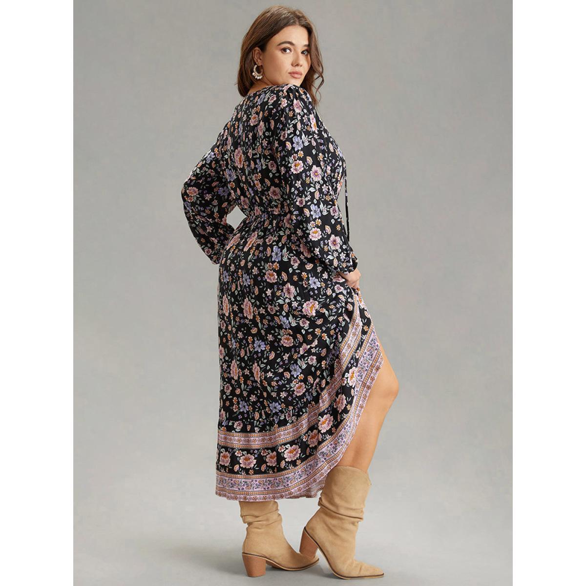 Plus Size Boho Print Lantern Sleeve Elastic Waist Dress Black Women Vacation Elastic cuffs V-neck Long Sleeve Curvy Midi Dress BloomChic 30/6X Product Image