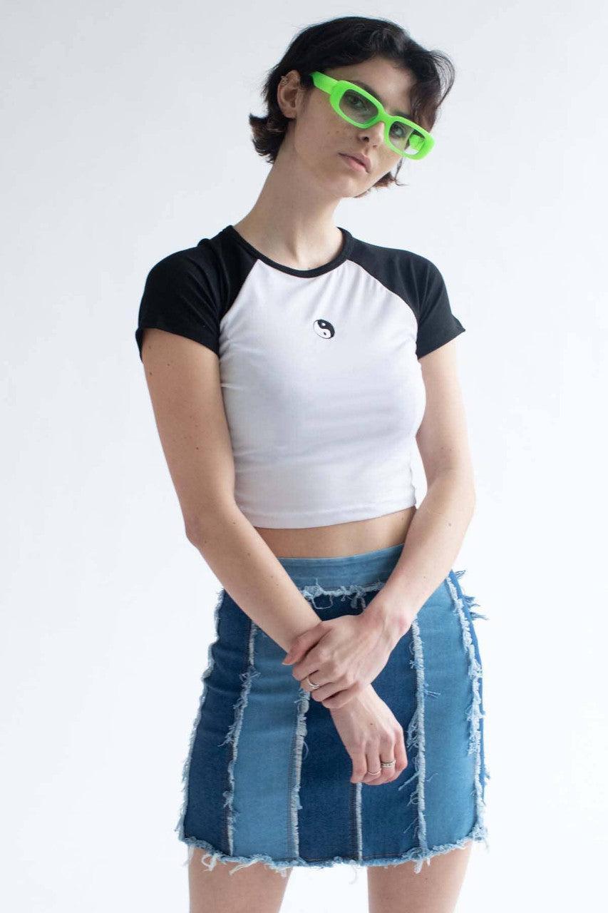 Yin Yang Embroidered Black & White Baseball Tee Product Image