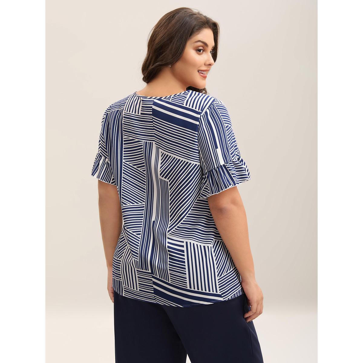 Plus Size Indigo Abstract Print Lotus Leaf Sleeve Blouse Women Work From Home Short sleeve Round Neck Work Blouses BloomChic 10/M Product Image