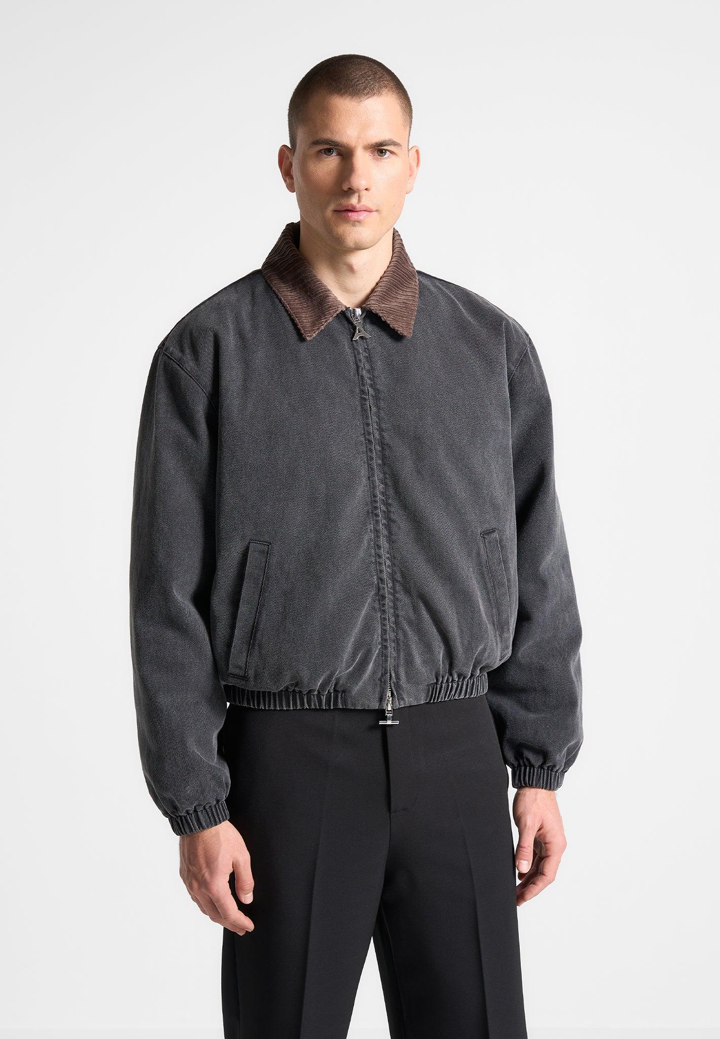 Denim Padded Cropped Bomber Jacket - Washed Grey Male Product Image