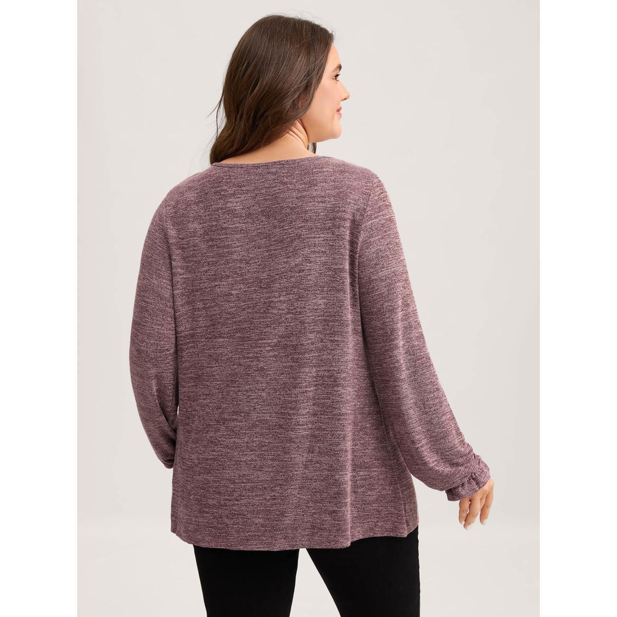 Plus Size Round Neck Heather Pleated T-shirt RedViolet Women Elegant Pleated Round Neck Loose Everyday T-shirts BloomChic 30/6X Product Image