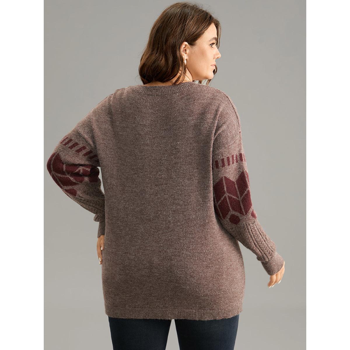 Plus Size Supersoft Essentials Geometric Knit Jacquard Pullover Burgundy Women Casual Loose Long Sleeve V-neck Dailywear Pullovers BloomChic 26/4X Product Image