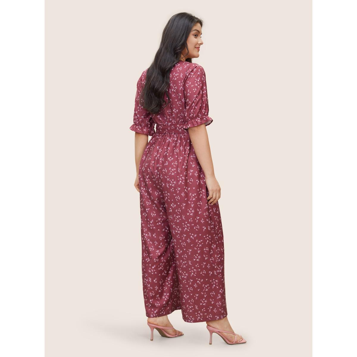 Plus Size DustyPink Ditsy Floral Flutter Trim Belted Button Detail Jumpsuit Women Elegant Half Sleeve V-neck Everyday Loose Jumpsuits BloomChic 22-24/3X Product Image