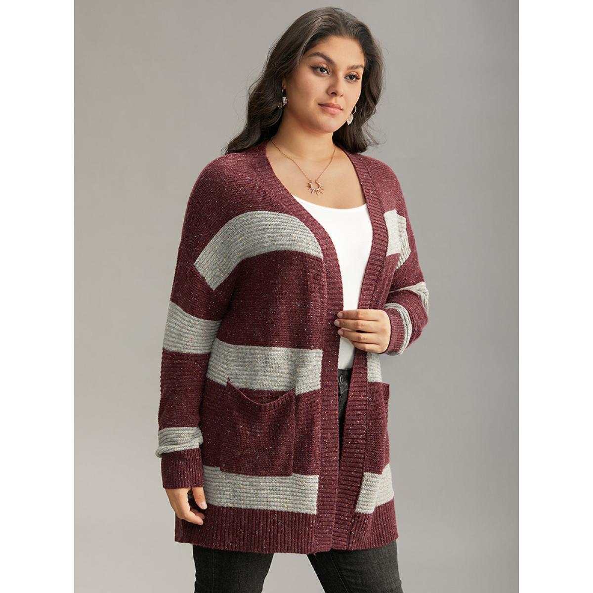 Plus Size Colorblock Patched Pocket Open Front Cardigan Burgundy Women Casual Loose Long Sleeve Dailywear Cardigans BloomChic 12/L Product Image
