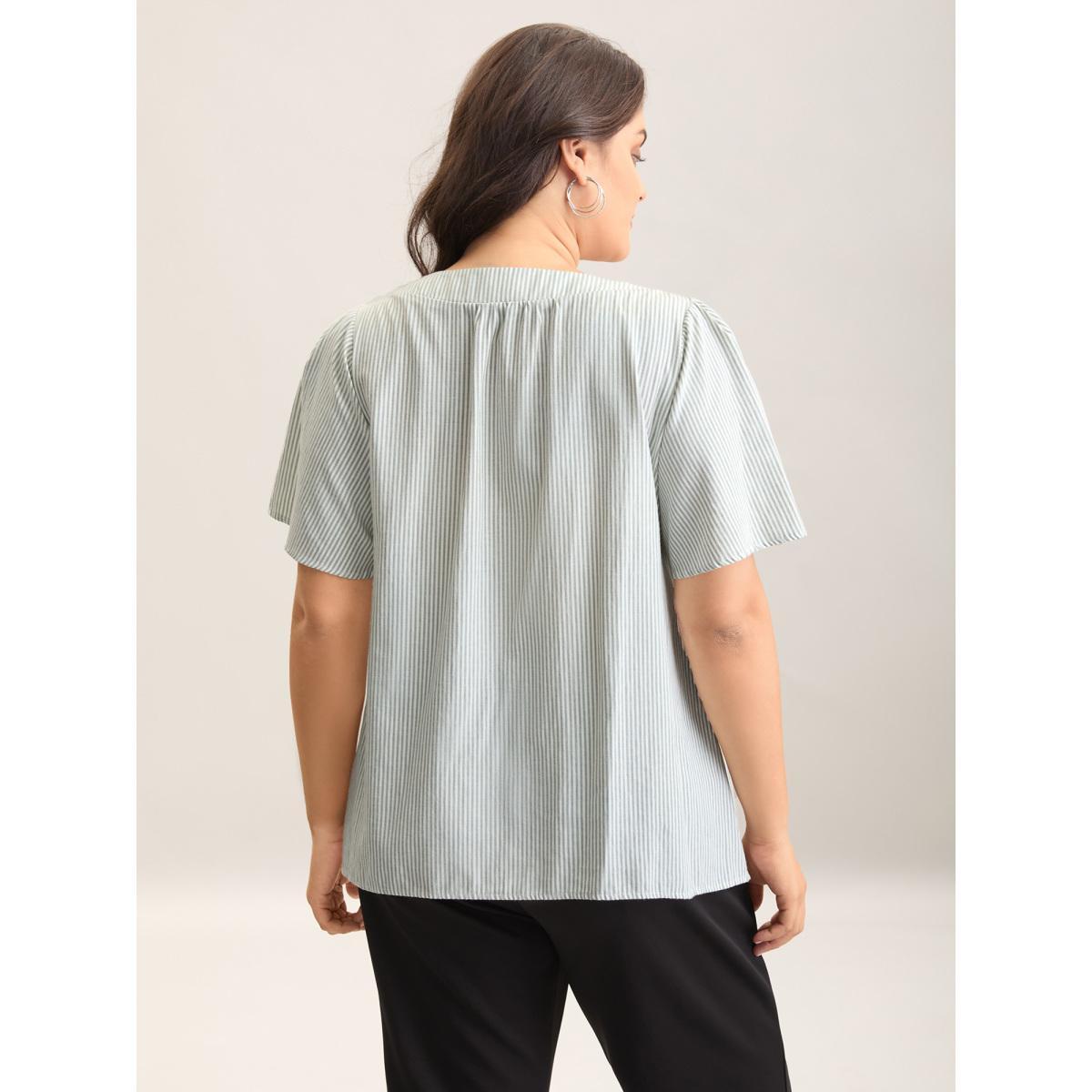 Plus Size Greenbean Striped Print Notched Collar Blouse Women Short sleeve Notched collar Work Blouses BloomChic 12/L Product Image