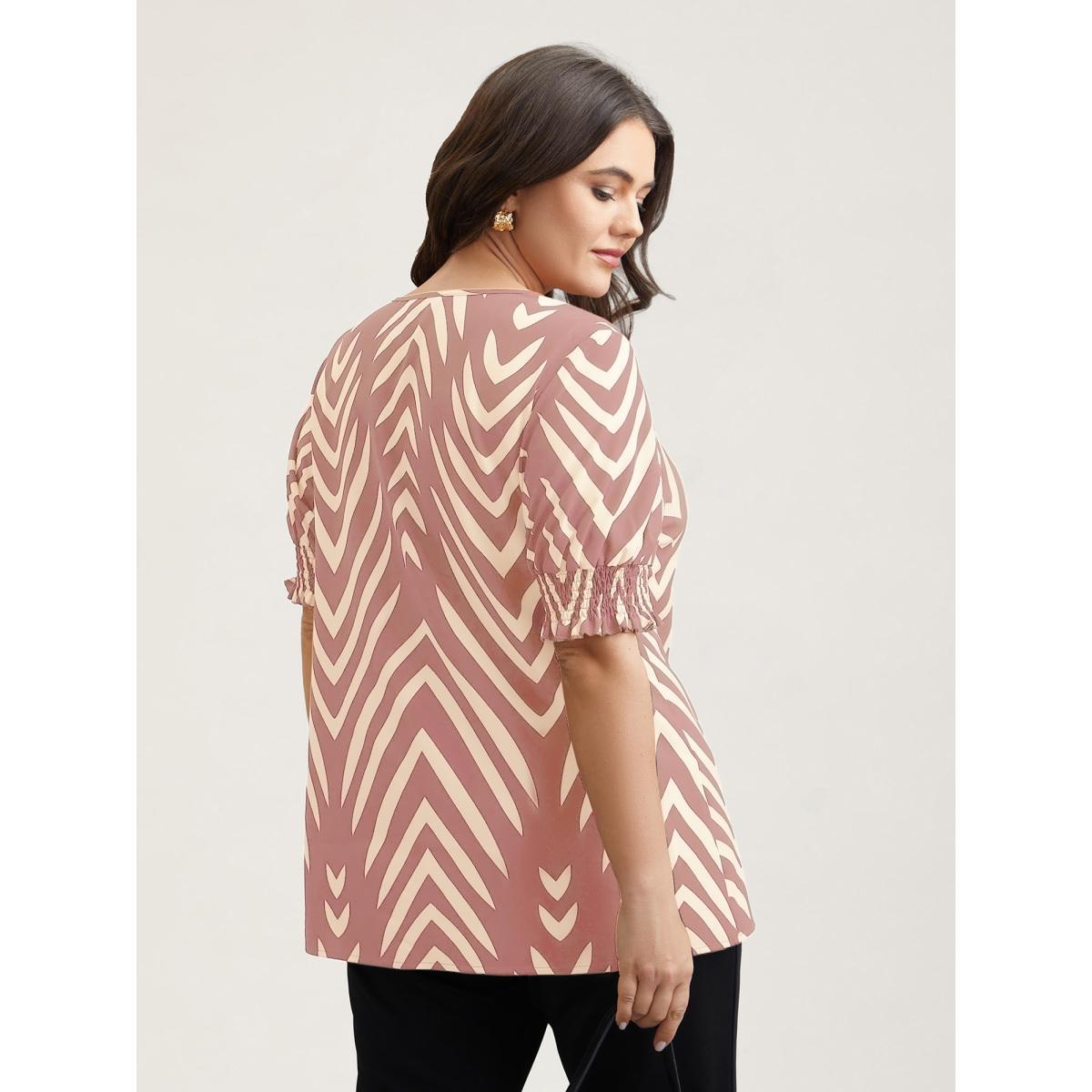 Plus Size DustyPink Geometric Print Ruffled Shirred Shirt Women At the Office Half Sleeve Flat collar with V-notch Work Blouses BloomChic 26/4X Product Image