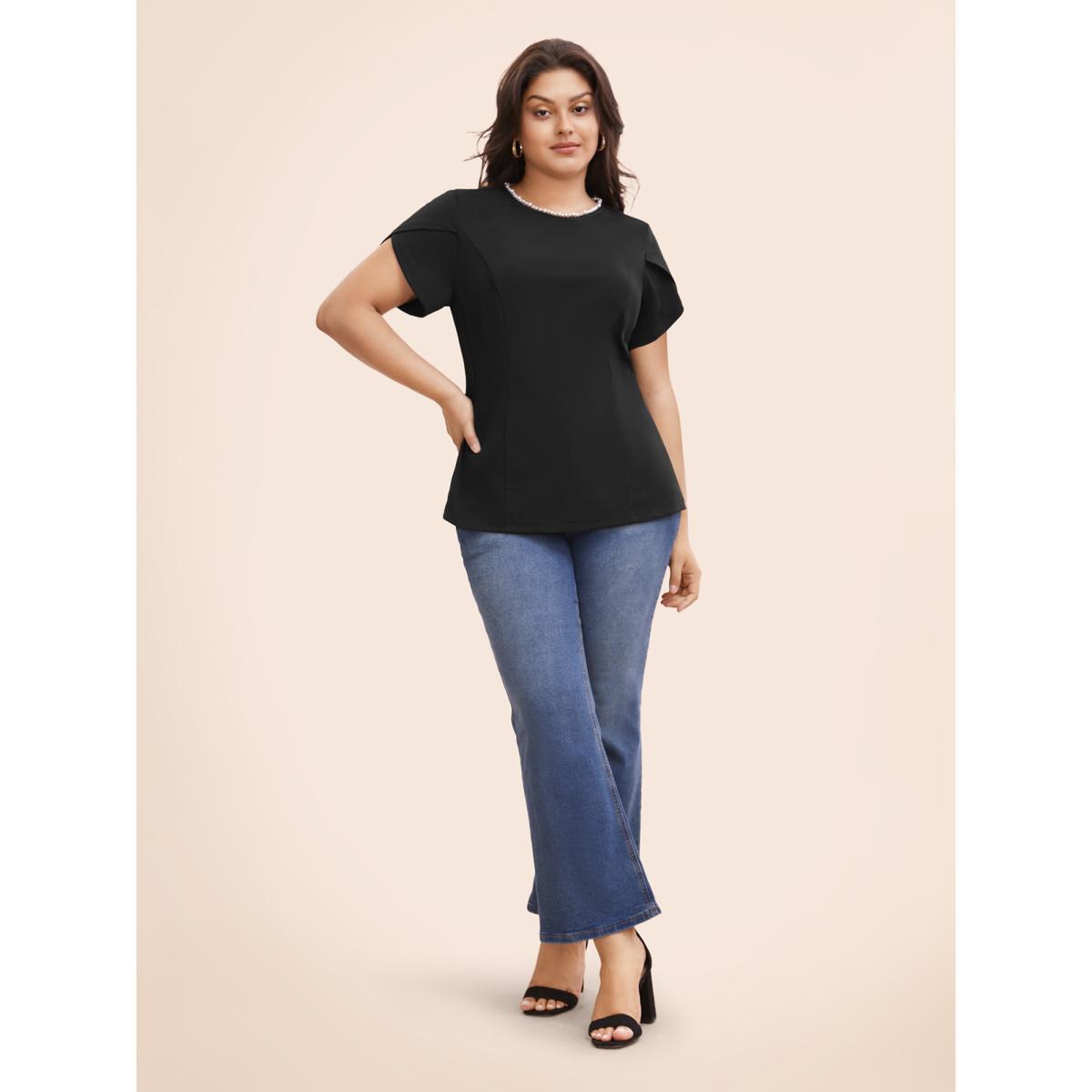 Plus Size Black Pearl Beaded Petal Sleeve Stretch Blouse Women Elegant Half Sleeve Round Neck Everyday Blouses BloomChic 14-16/1X Product Image