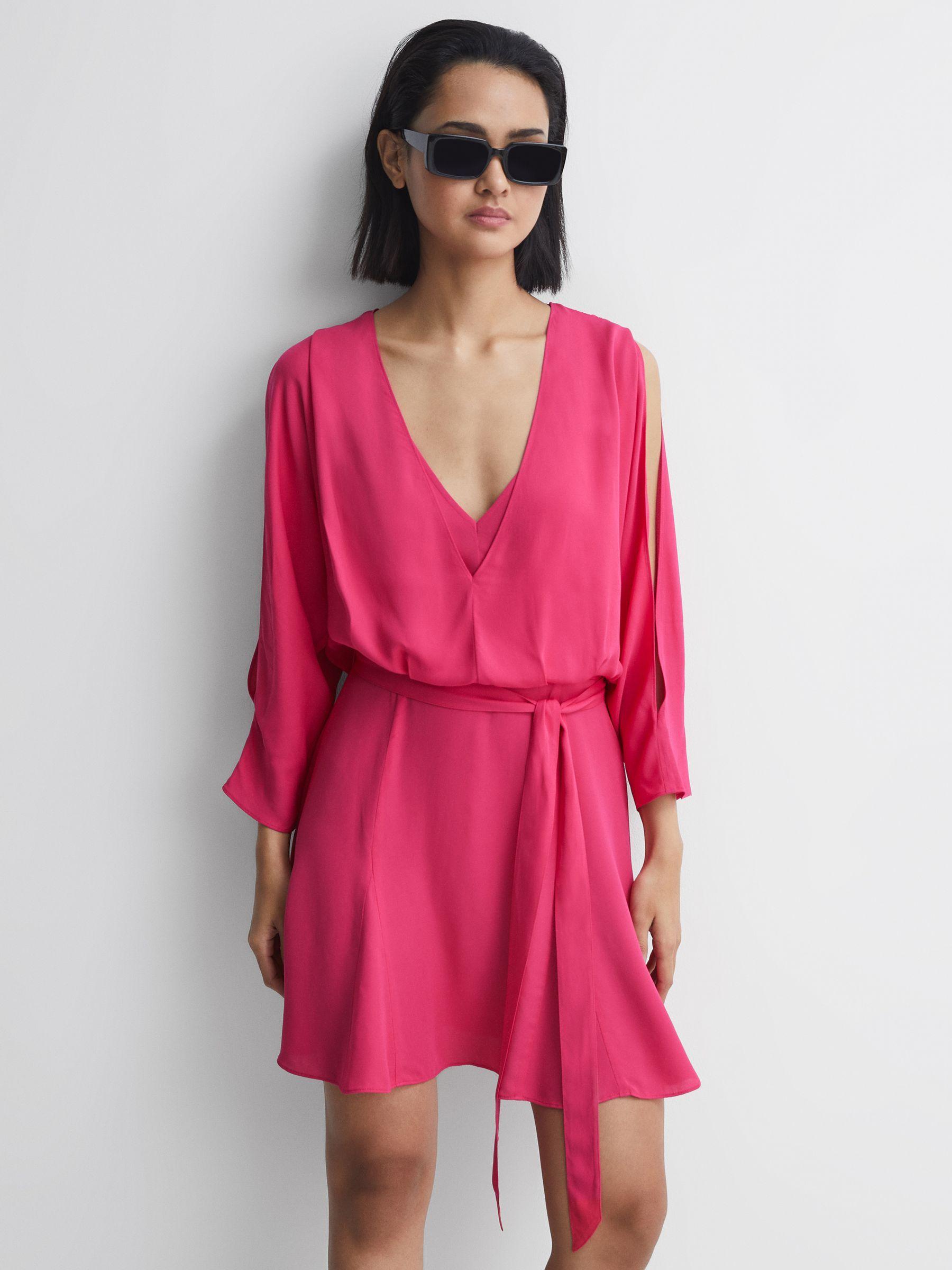 Open Back Split Sleeve Mini Dress in Bright Pink Product Image