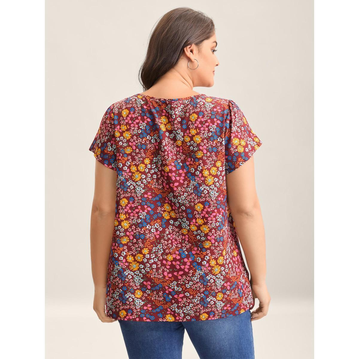 Plus Size Burgundy Multi-Color Floral Print Lace Spliced Blouse Women Elegant Cap Sleeve Round Neck Everyday Blouses BloomChic 12/L Product Image