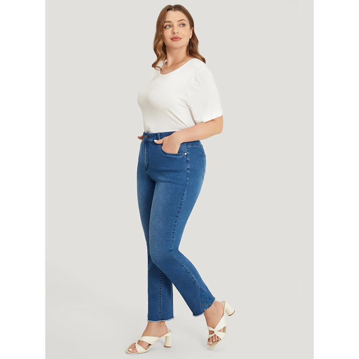 Plus Size Very Stretchy High Rise Medium Wash Lace Insert Raw Hem Jeans Women Indigo Casual Plain Patchwork High stretch Side seam pocket Jeans BloomChic 16/1X Product Image