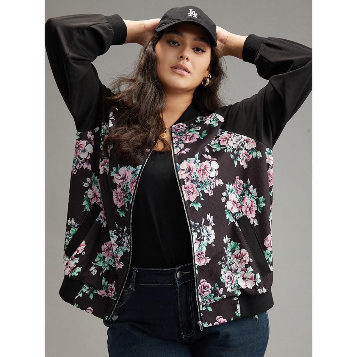 Plus Size Floral Patchwork Zipper Pocket Jacket Women BlackFlower Elastic cuffs Pocket Everyday Jackets BloomChic 26/4X Product Image