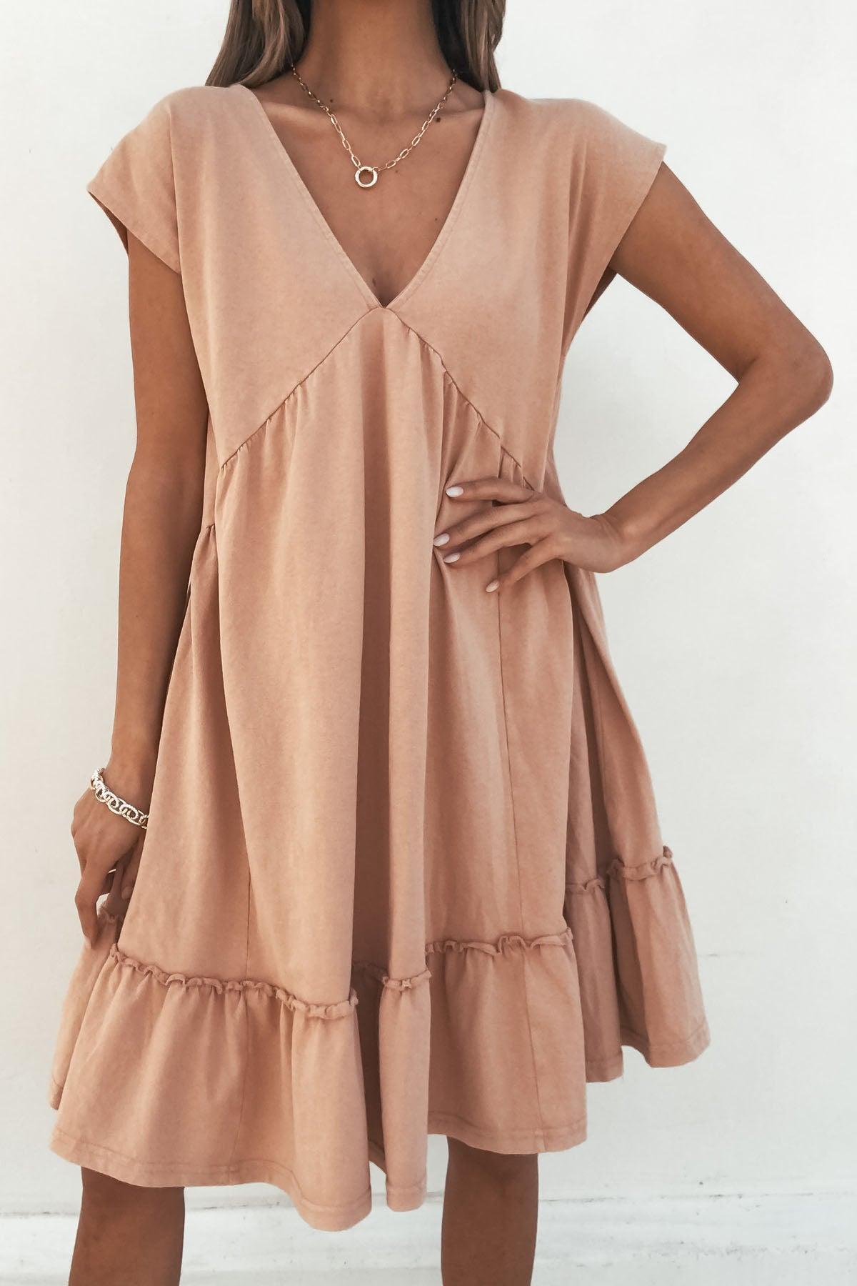 Light Apricot V Neck Mini Dress Product Image