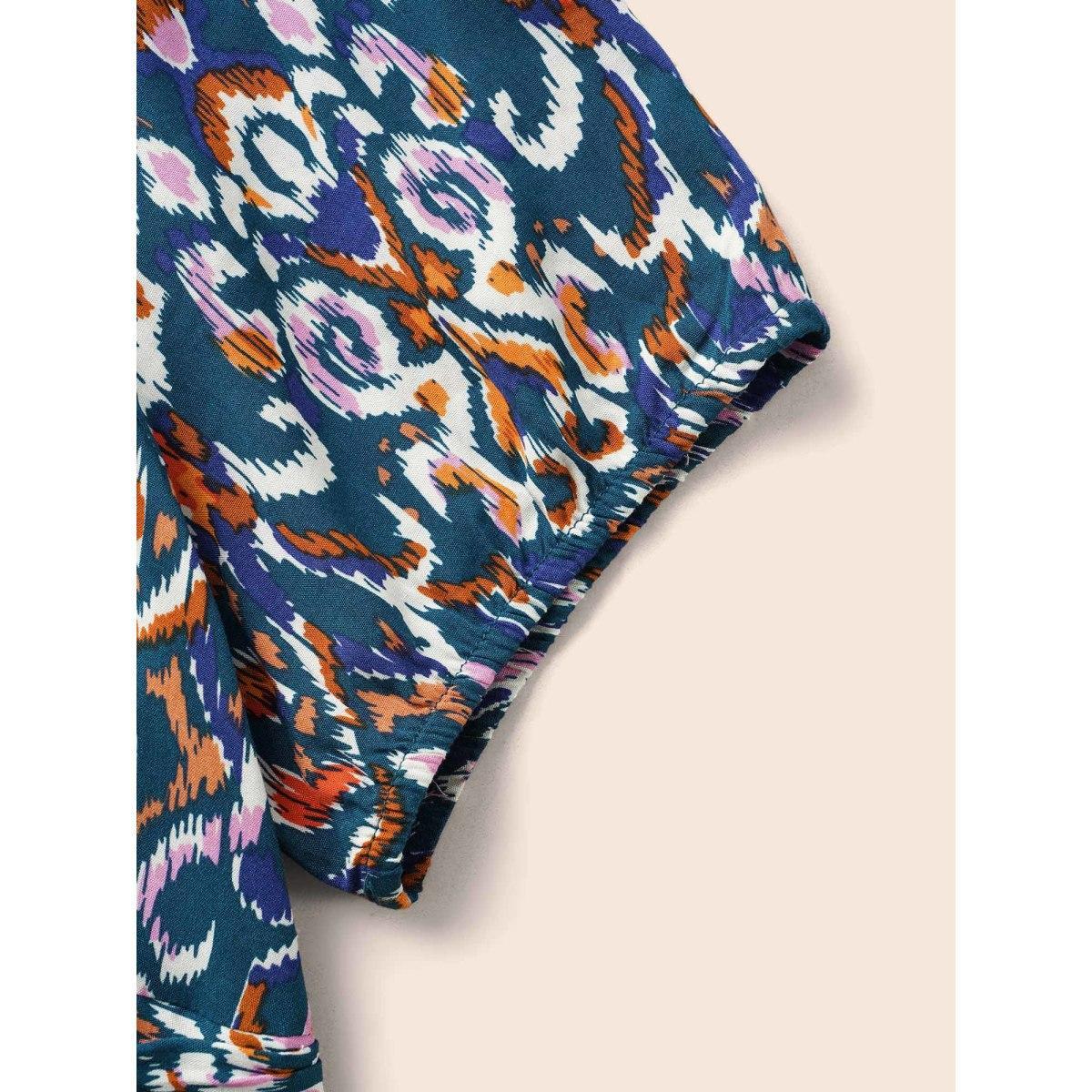 Plus Size Bandana Print V Neck Shirred Gathered Dress Aegean Women Elegant Gathered V-neck Short sleeve Curvy BloomChic 10/M Product Image