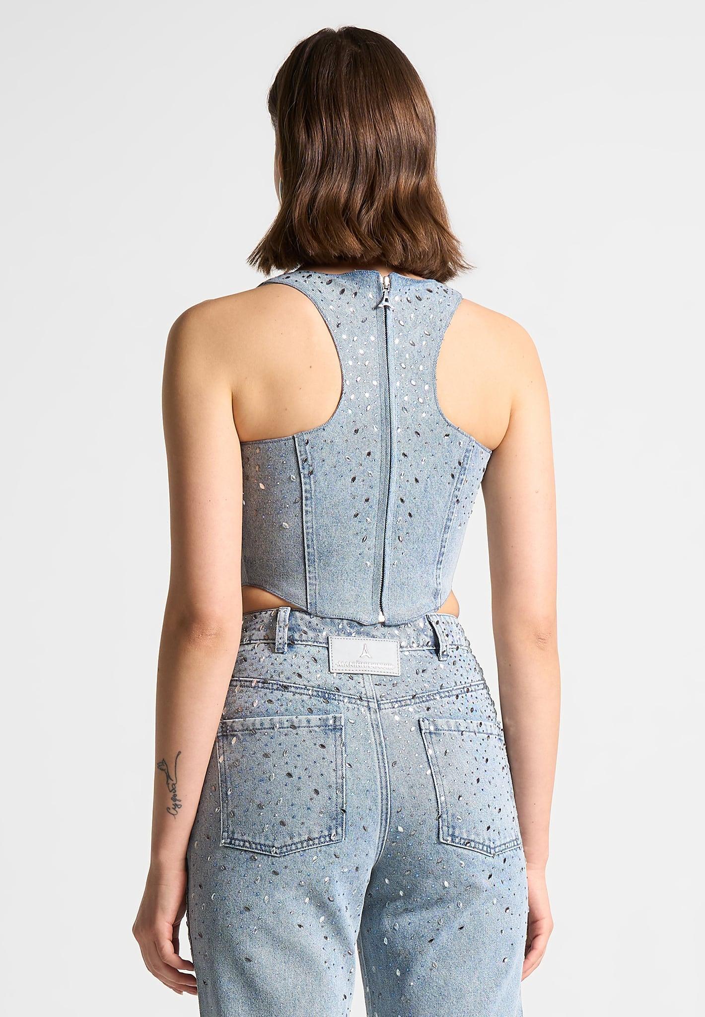 Scattered Rhinestone Denim Corset Top - Mid Blue Female Product Image