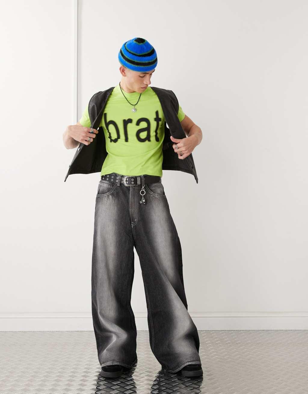COLLUSION official Charli XCX Brat slogan shrunken t-shirt in green Product Image